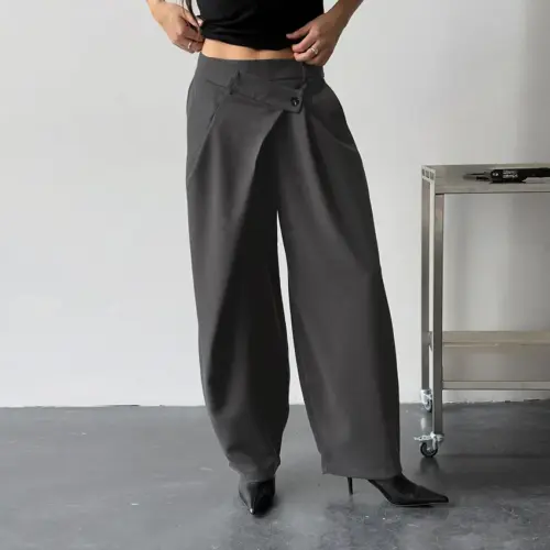 Asymmetrische broek met hoge taille en wijde pijpen voor dames – elegante gedrapeerde kantoorbroek