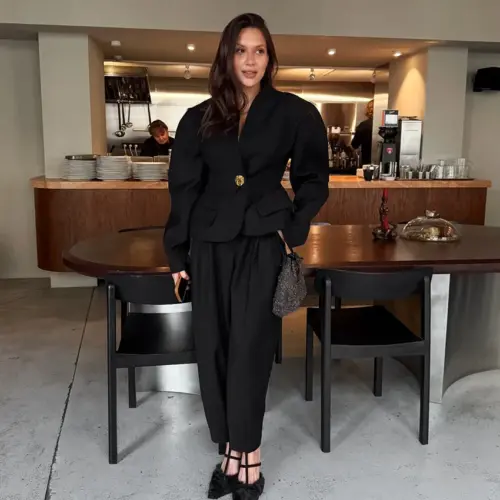 Women’s Elegant Puff Sleeve Blazer Set – Black Office Suit Outfit