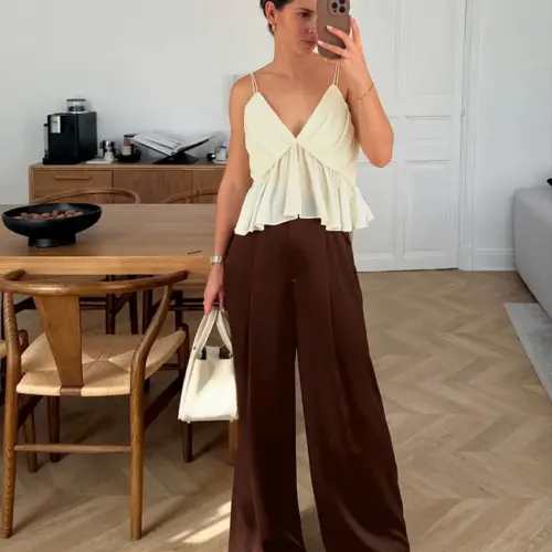 Damesbroek met hoge taille en wijde pijpen, casual, recht model, losse broek
