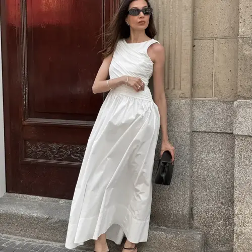 Sukienka maxi z bawełny w stylu francuskim bez rękawów – elegancka biała sukienka letnia