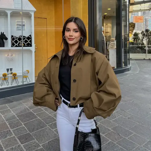 Women’s Oversized Khaki Jacket – Casual Button-Up Lapel Fall Outerwear