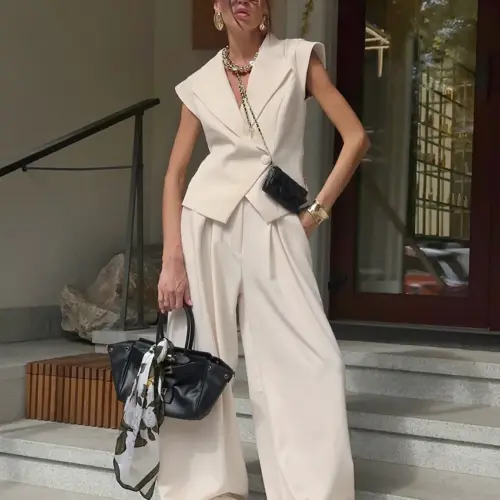 Set sacou kaki fără mâneci, costum de damă cu pantaloni largi