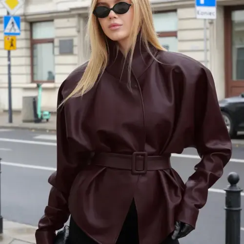 Giacca da donna vintage in ecopelle con cintura – Elegante cappotto oversize in stile motociclista