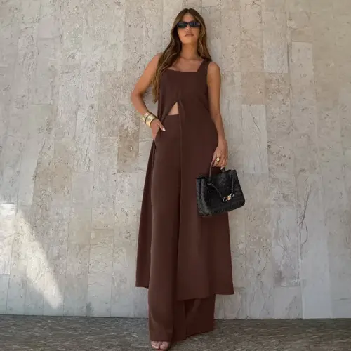 Completo estivo da donna con pantaloni a gamba larga – Top senza maniche e completo a due pezzi a vita alta