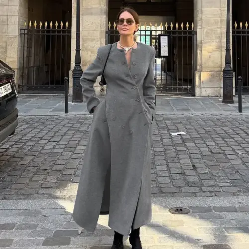 Palton lung elegant de lână pentru femei – Palton minimalist gri cu guler rotund