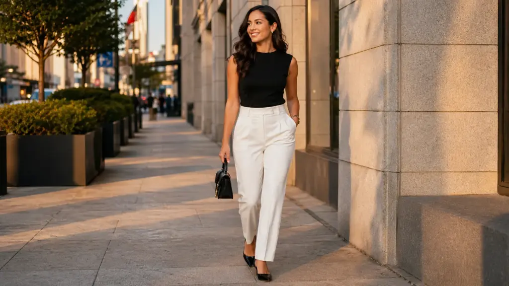white pants black shirt female