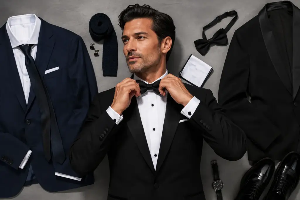 Accesorios para traje y corbata frente a esmoquin
