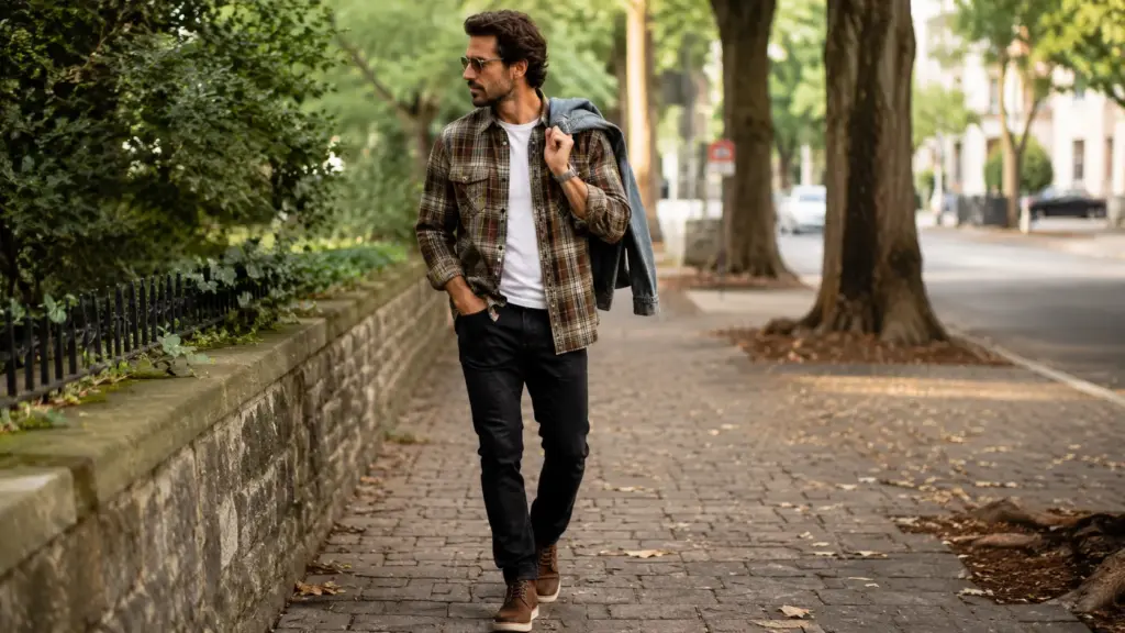 camisa de franela con camiseta por debajo
