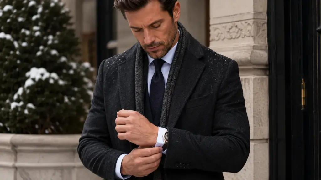 Detalles del abrigo de hombre sobre el traje