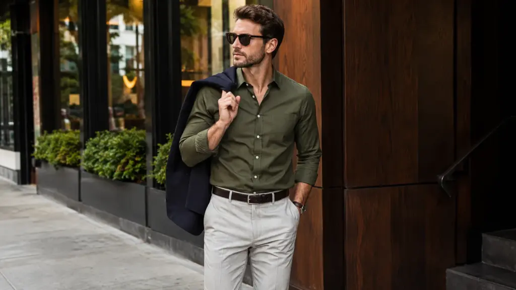 Green shirt with neutrals Green shirt with neutrals