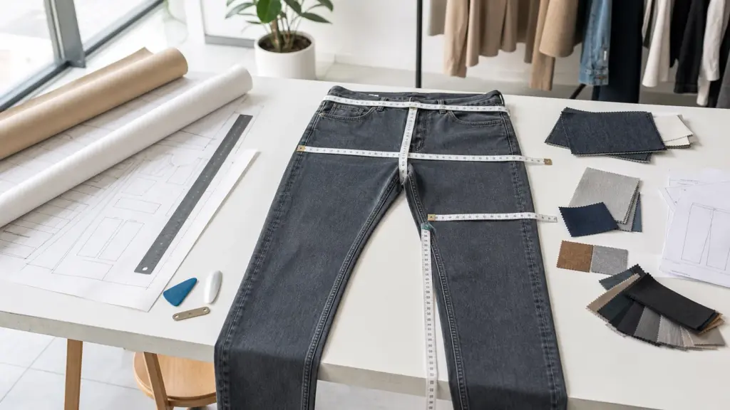 Measuring waist hip rise thigh and inseam for custom pants production