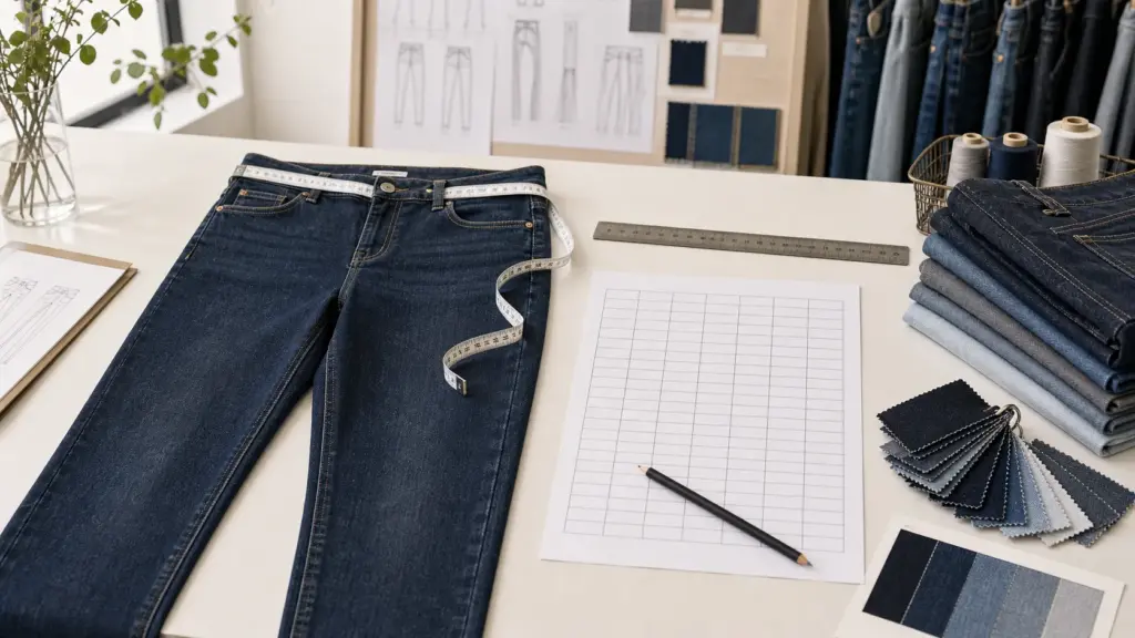 Women’s jeans size chart with waist measurement and denim swatches