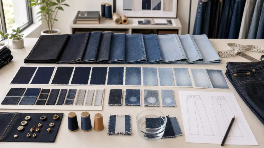 Denim fabric swatches and wash samples for custom jeans manufacturing