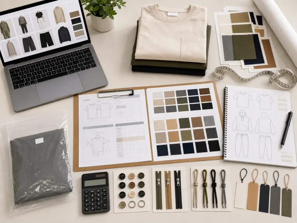 Buyer inquiry package with tech pack fabric swatches and garment sample for clothing factory quote