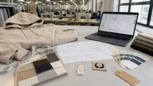 Mustertisch für Bekleidung mit Hoodie-Muster, Stoffproben, technischer Dokumentation, Besätzen und Fabrikhintergrund