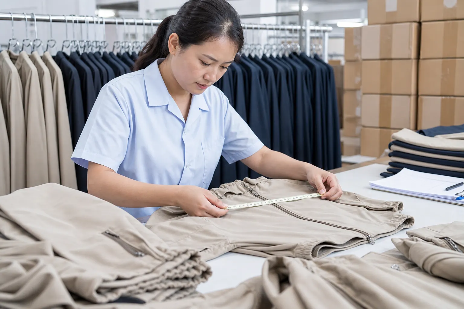 Apparel quality control inspection in China Chinese apparel quality control inspector checking finished garments