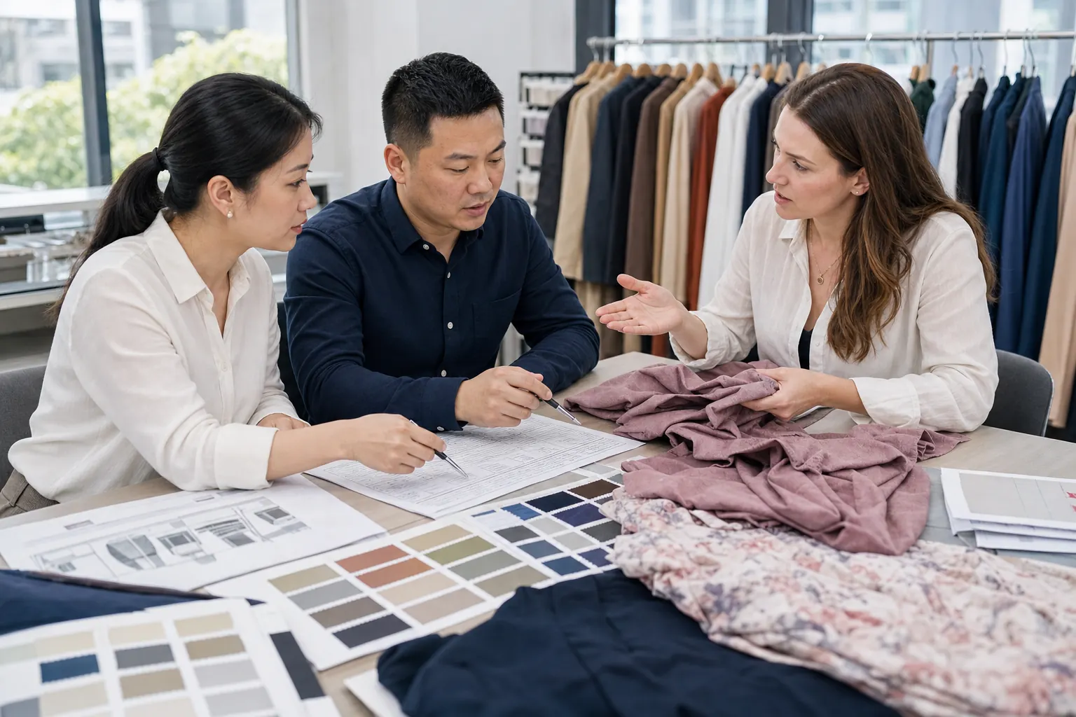 Chinese garment factory MOQ planning Chinese garment factory team planning MOQ for apparel production