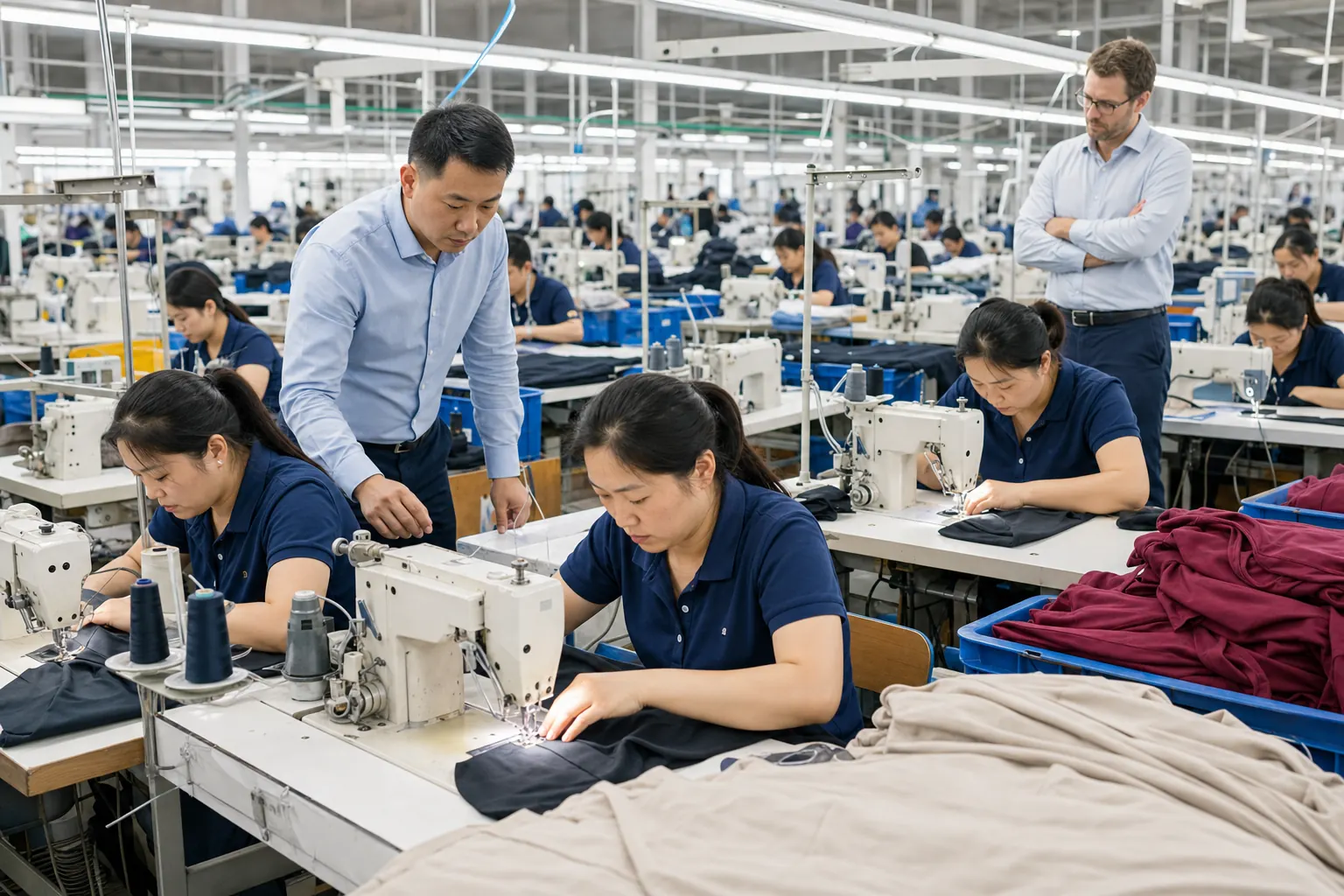 Chinese OEM clothing production line Chinese OEM clothing production line with Western buyer observing