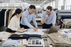 Western buyer discussing clothing manufacturer MOQ with Chinese factory team