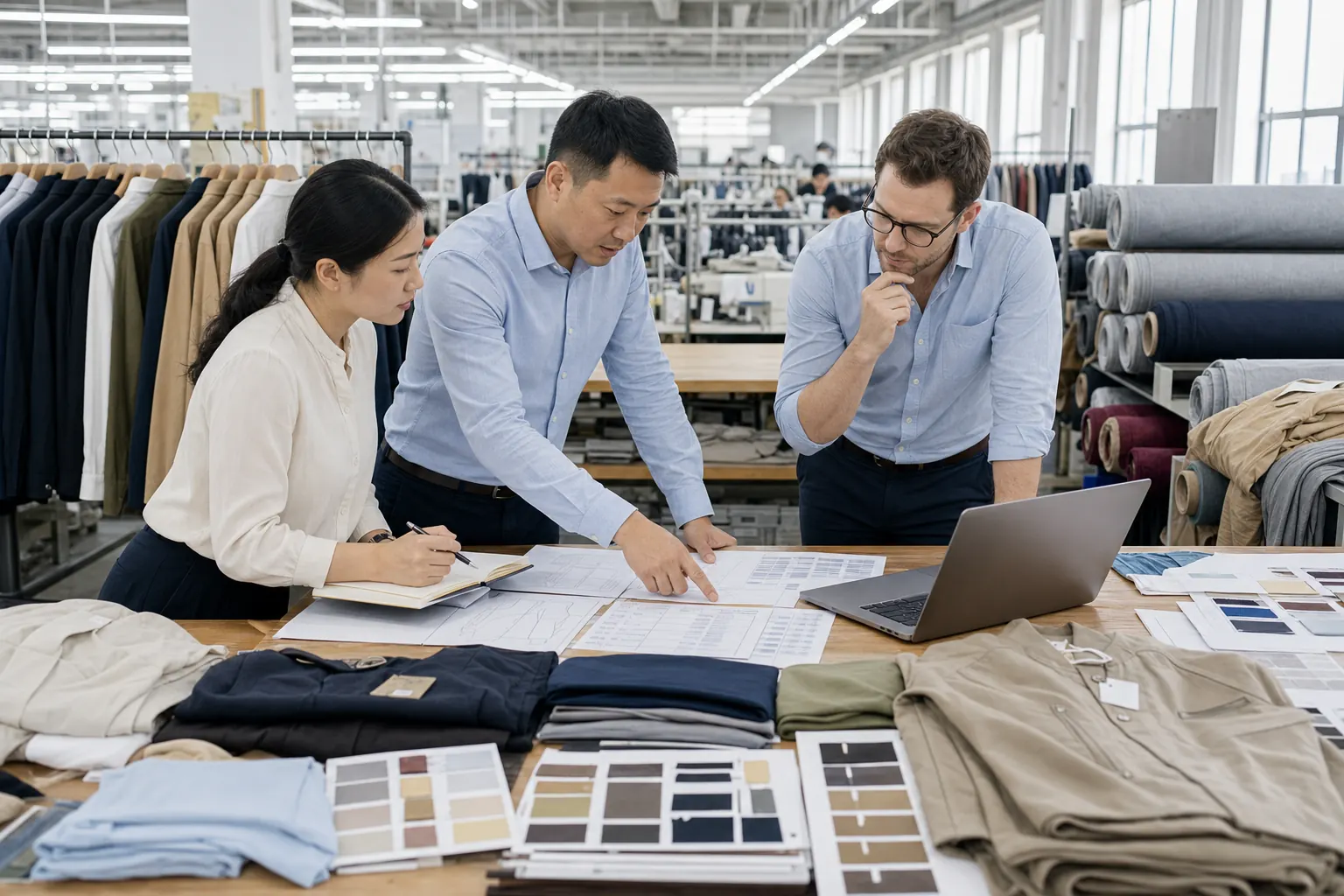 Clothing manufacturer MOQ meeting Western buyer discussing clothing manufacturer MOQ with Chinese factory team