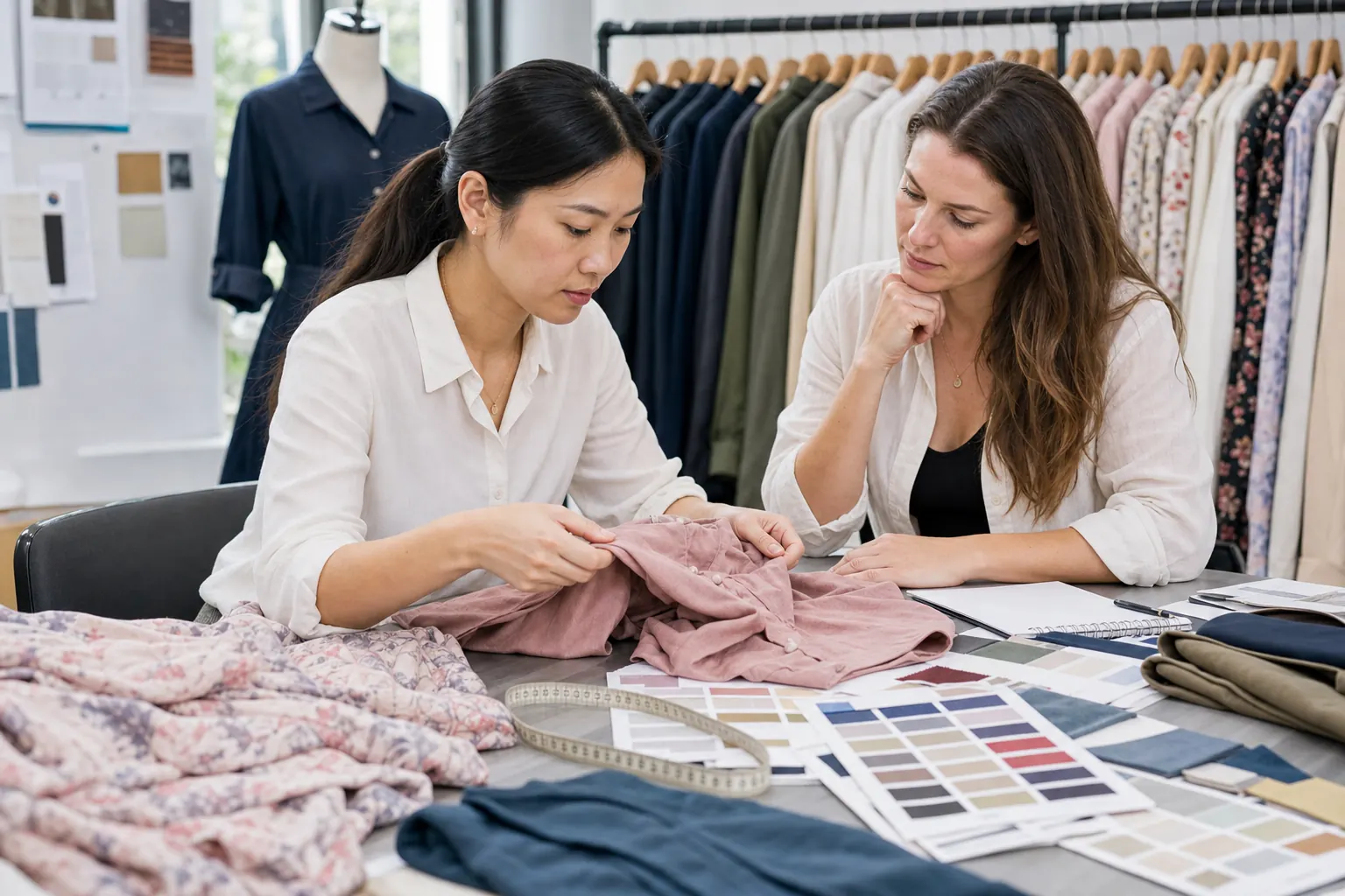 Low MOQ garment sample quality check Chinese merchandiser checking low MOQ garment samples with Western buyer