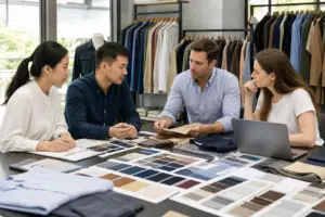 OEM clothing manufacturer meeting with Chinese factory team and Western buyers