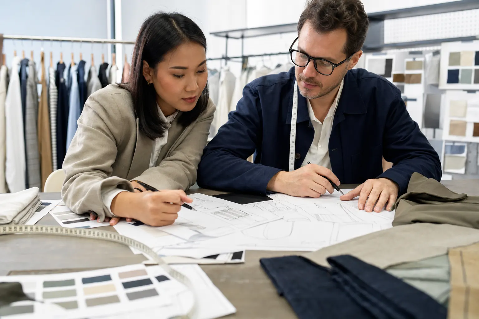 Tech pack review for OEM clothing production Tech pack review with Chinese garment technician and Western buyer