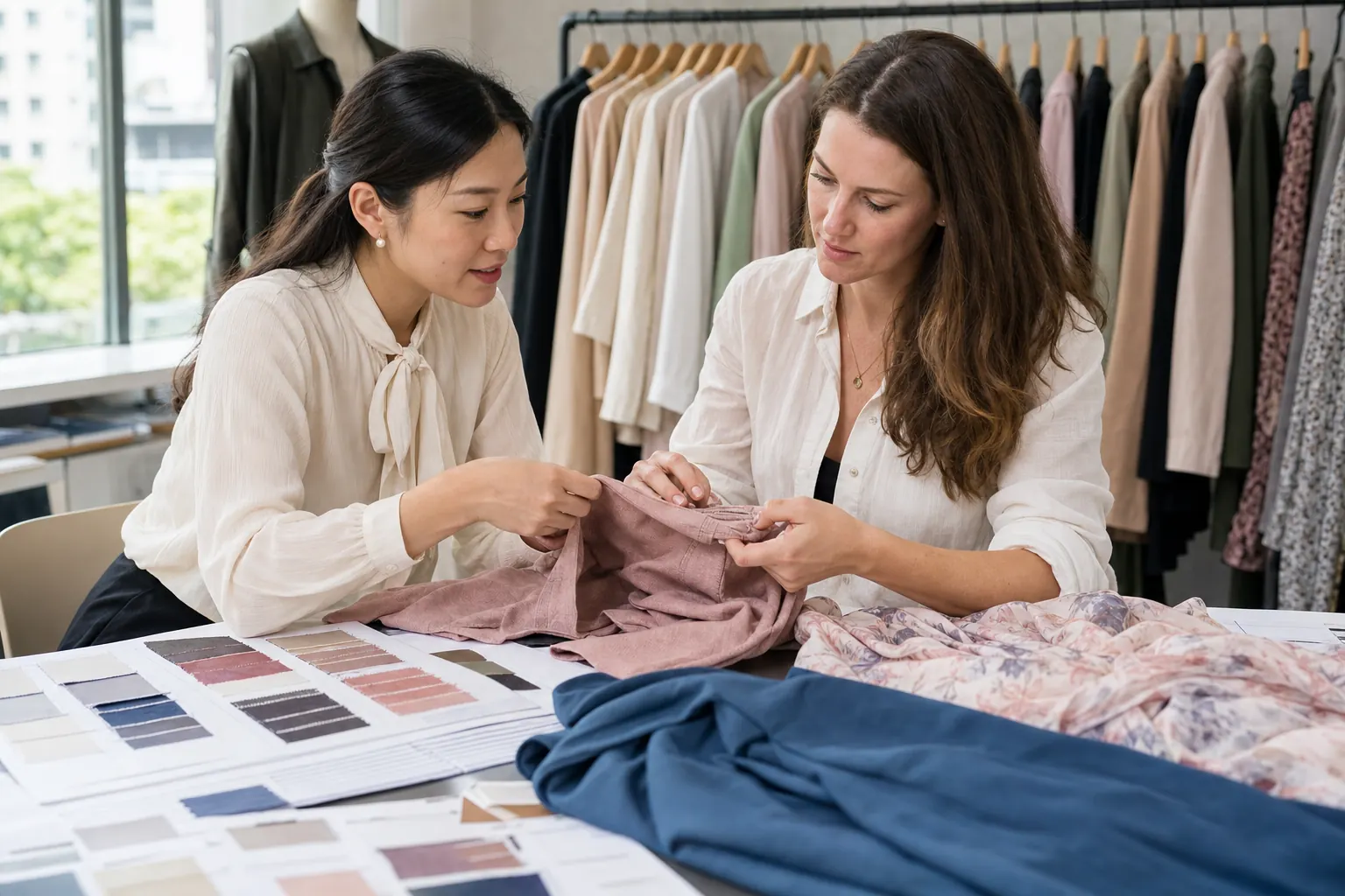 Garment sample checking with Chinese merchandiser Western buyer checking garment samples with Chinese factory merchandiser