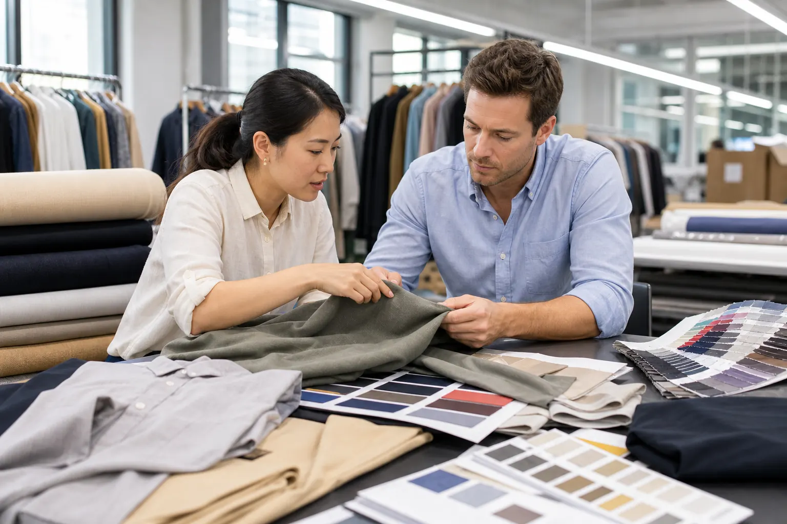 Low MOQ discussion with Chinese clothing manufacturer Western buyer discussing low MOQ options with Chinese clothing manufacturer