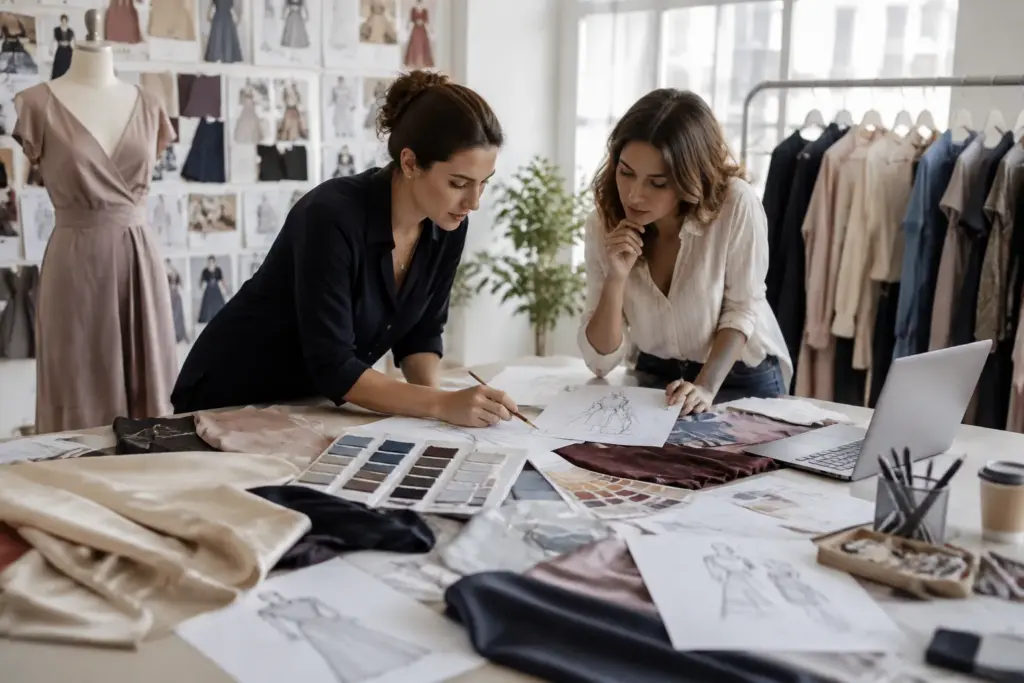 fashion designers developing dress collections for clothing brands