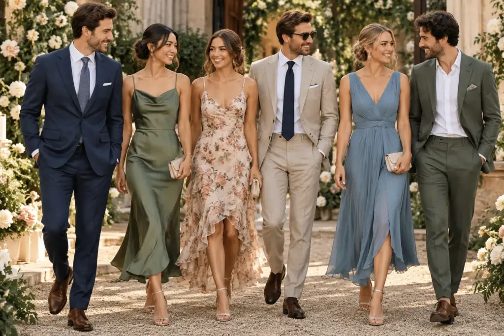 Semi-formal wedding guest dresses and men's suits