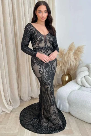 Annabella - černá - V-back - květinový - hluboký - flitrovaný - rybí ocásek
