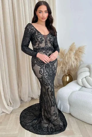 Annabella-Black-V-Back-Floral-Plunge-Sequin-Fishtail