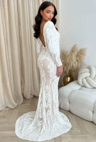 Annabella-White-Nude-V-Back-Floral-Plunge-Sequin-Fishtail-1