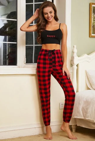 Home-Pajama-Pants-Check-Sleep-Pants-High-Waist-Ribbon-Pants-Home-Pants-Europe-Pant