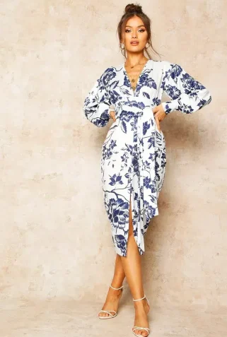 female-blue-floral-print-plunge-tie-waist-midi-dress