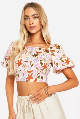 female-cream-puff-sleeve-printed-crop-top-